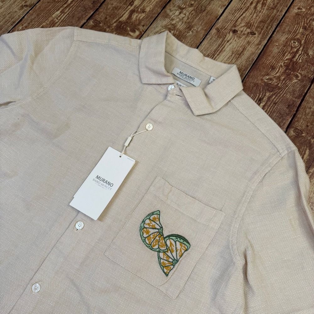 Murano Baird McNutt Button Up Shirt Mens Medium Beige Embroidered Slim Fit NWT